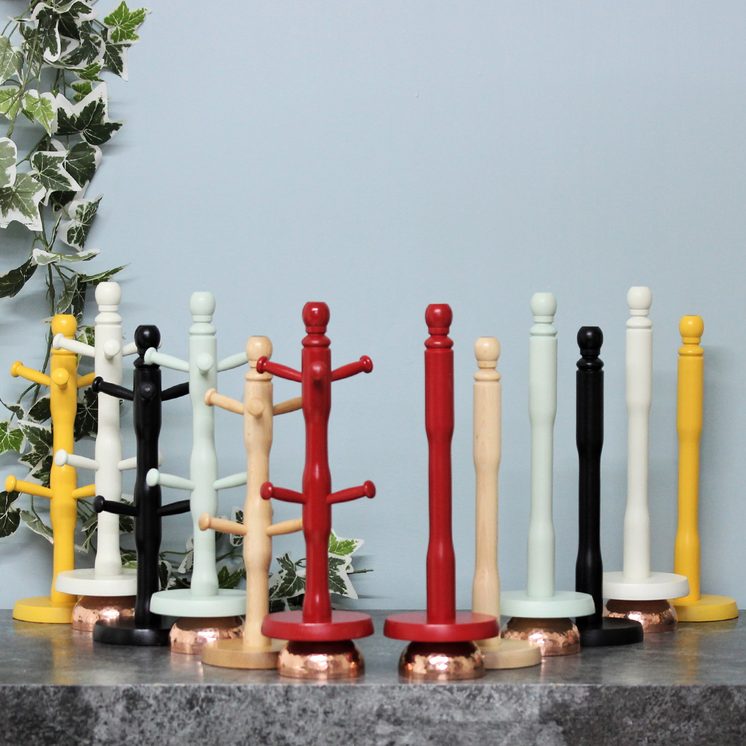 New Wooden 6 Cup Mug Tree Stand Rack & Kitchen Roll Holder Paper Towel